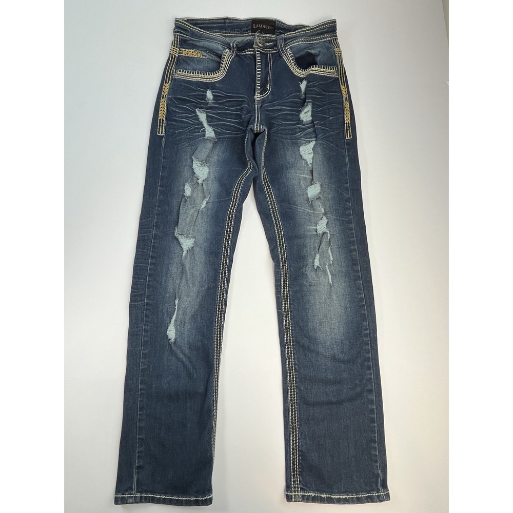 Lamasini Jeans Men's 28x30 Distressed Straight Cowboy Western Rodeo Distressed